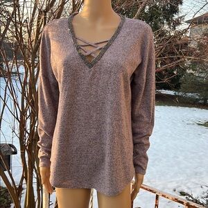 Jennifer Lopez JLO Purple Long Sleeve Pull on Top with Blinged V-Neck